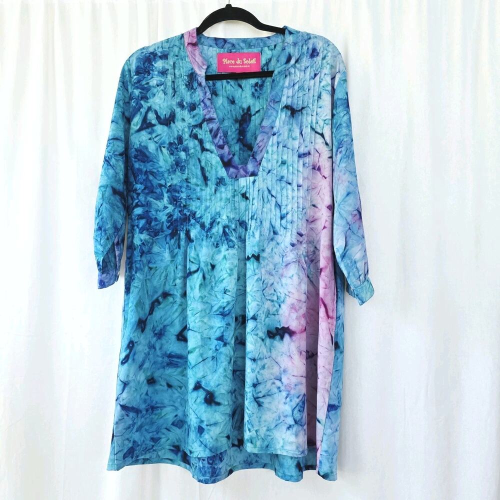 Place Du Soleil Women's Casual Dress 3/4 Sl Size S Relaxed Fit Tie Dye Blue Pink